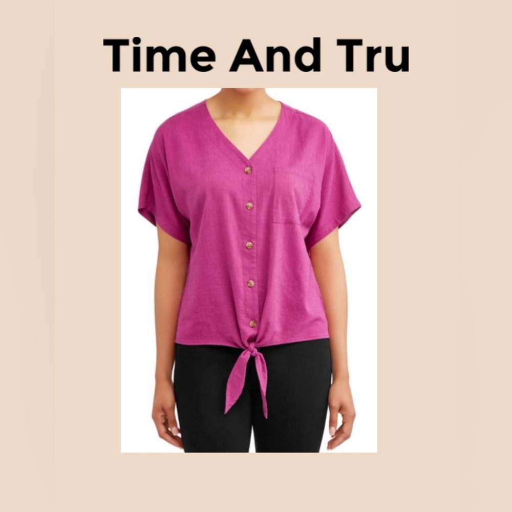 Time and Tru Women's Fuchsia Button-Down Tie Shirt Size XL